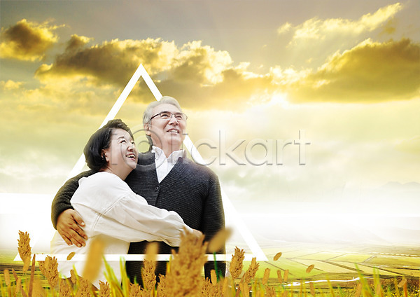 60대 남자 두명 성인 여자 한국인 PSD 편집이미지 가족 구름(자연) 꽃 노부부 노을 상반신 실버라이프 웃음 응시 편집 포옹 하늘