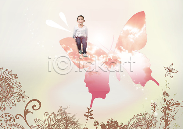 어린이 여자 한국인 한명 PSD 실루엣 편집이미지 교육 구름(자연) 꽃 나비 앉기 어린이교육 편집 하늘