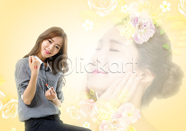 20대 두명 성인 여자 한국인 PSD 편집이미지 꽃 눈감음 립스틱 뷰티 상반신 웃음 편집 화장