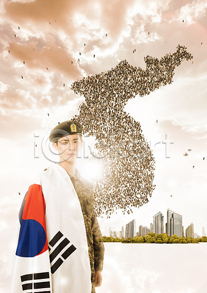 애국심 20대 남자 성인 한국인 한명 PSD 편집이미지 구름(자연) 군모 군복 군인 노을 빌딩 상반신 직업 태극기 편집 하늘 한국 한반도