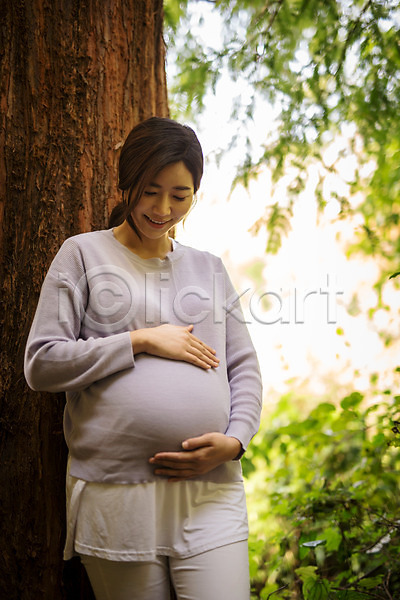 30대 성인 성인여자한명만 여자 한국인 한명 JPG 앞모습 포토 기댐 나무 상반신 서기 쓰다듬기 야외 웃음 응시 임산부 임신 정원 주간 태교