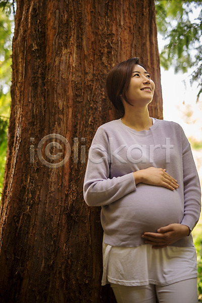 30대 성인 성인여자한명만 여자 한국인 한명 JPG 앞모습 포토 기댐 나무 상반신 서기 쓰다듬기 야외 웃음 응시 임산부 임신 정원 주간 태교
