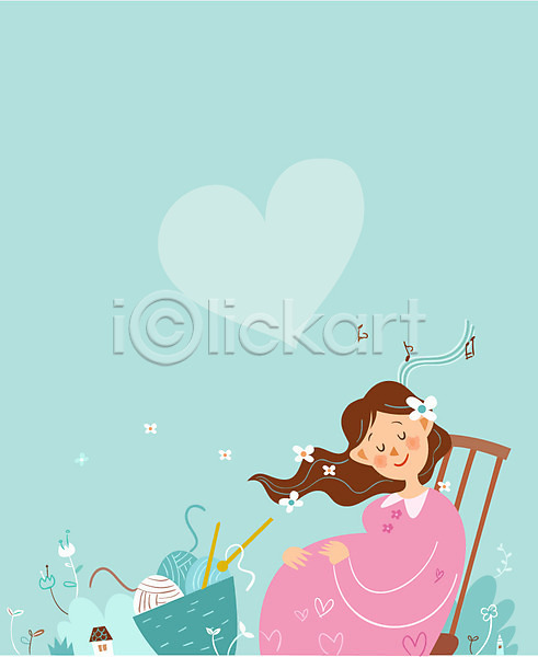 사랑 행복 성인 여자 한명 AI(파일형식) 일러스트 프레임일러스트 가족 구름(자연) 꽃 뜨개질 상반신 앉기 음악 임산부 임신 프레임 하트 하트프레임