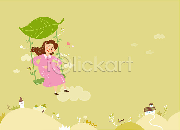 사랑 행복 성인 여자 한명 AI(파일형식) 일러스트 프레임일러스트 가족 구름(자연) 그네 꽃 나뭇잎 웃음 임산부 임신 전신 주택 하트
