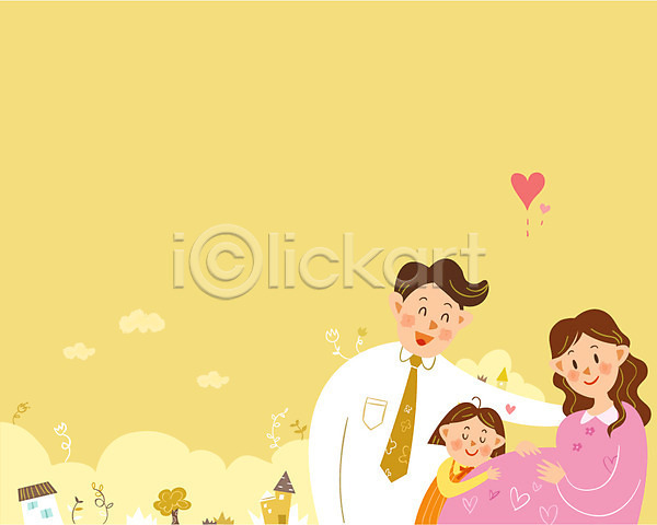 사랑 행복 남자 성인 세명 어린이 여자 AI(파일형식) 일러스트 프레임일러스트 가족 구름(자연) 꽃 상반신 식물 웃음 임산부 임신 하트