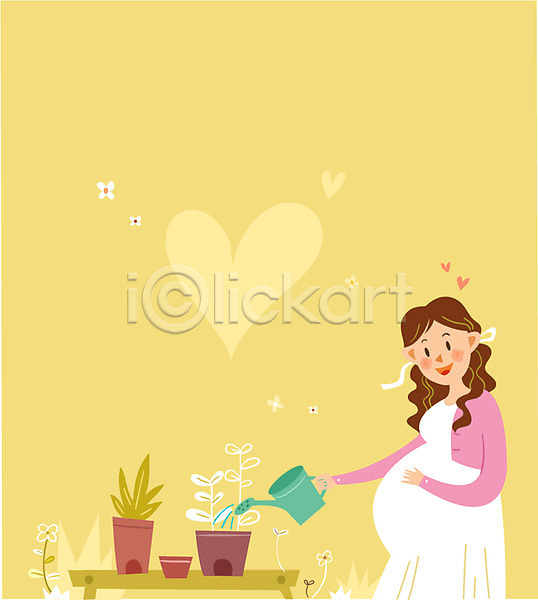 사랑 행복 성인 여자 한명 AI(파일형식) 일러스트 프레임일러스트 가족 꽃 상반신 식물키우기 웃음 임산부 임신 취미 하트