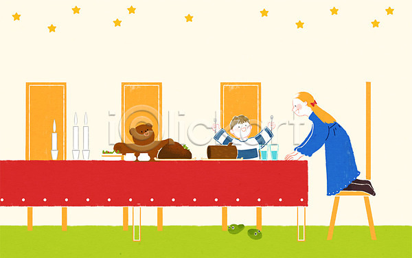 즐거움 10대 남자 두명 여자 청소년 PSD 일러스트 겨울 곰인형 별 상반신 식탁 음식 의자 저녁식사 전신 크리스마스 파티