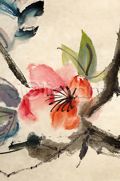 사람없음 JPG 포토 해외이미지 그림 꽃 동양화 먹 미술 번짐 붓터치 빨간색 잎 해외202004