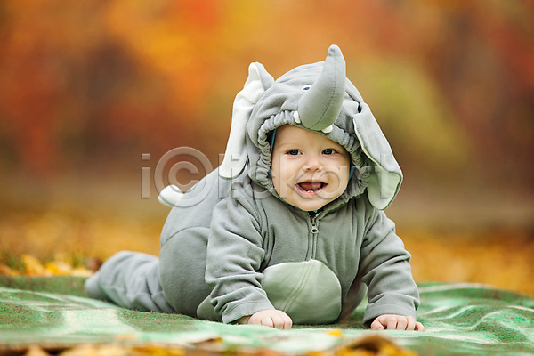남자 남자아기한명만 서양인 아기 한명 JPG 아웃포커스 앞모습 포토 해외이미지 가을(계절) 낙엽 동물옷 미소(표정) 야외 엎드리기 잠옷 전신 주간 코끼리